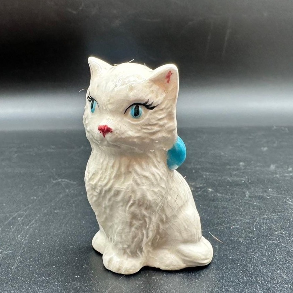 Vintage Japan White Cat Figurine Blue‎ Bow Ceramic Glazed Midcentury Kitsch